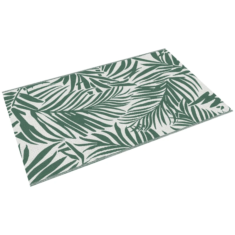 Outsunny Alfombra Reversible 152x243 cm con Patrón de Hojas para Terraza Balcón Patio Camping Playa Verde Oscuro y Blanco