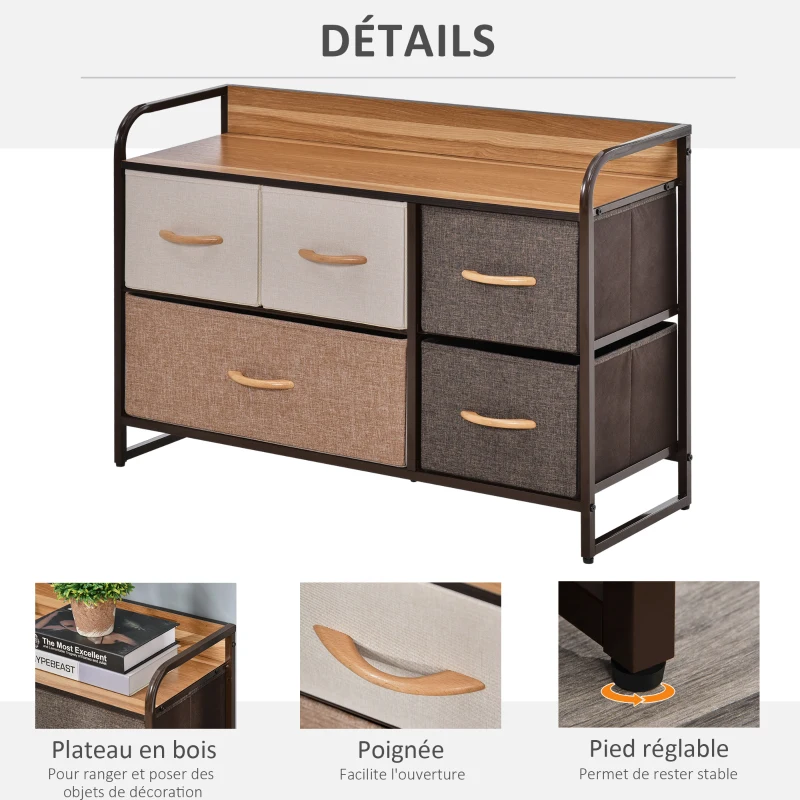HOMCOM Commode Meuble de Rangement 5 tiroirs en Tissu 87,5 x 29 x 58 cm Marron et Beige