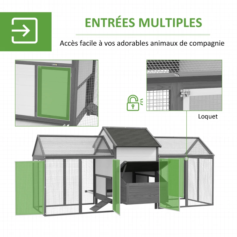 PawHut Poulailler en bois avec 2 enclos modulables et 1 niche, 1 pondoir, tiroir à déjection, 247 x 125 x 113,5 cm, gris