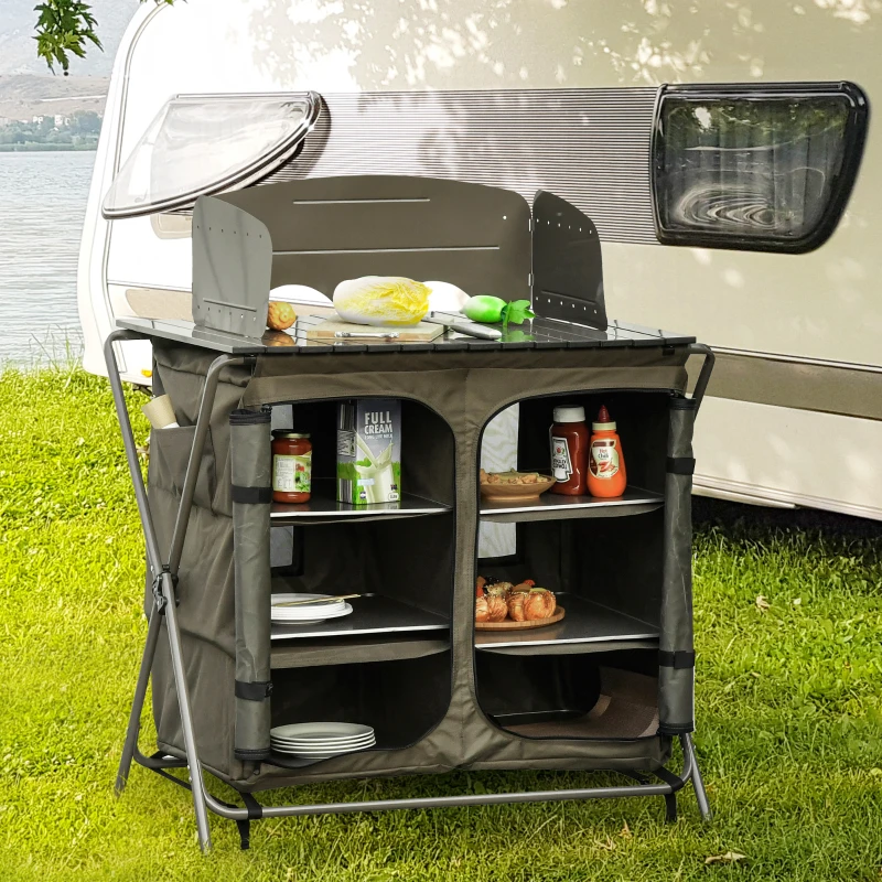 Outsunny Camping Cupboard Foldable Camping Kitchen Storage Unit w/ Windshield & 6 Shelves for BBQ Party Picnics Backyards with Carrying Bag