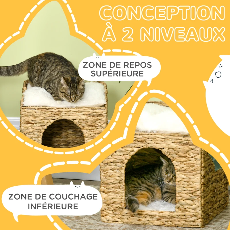 PawHut Niche pour chat 2 niveaux avec 2 coussins en jacinthe d'eau - 37,5 x 37,5 x 41,5 cm marron crème