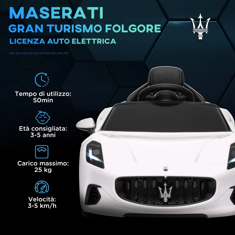 AIYAPLAY Macchina per Bambini 12V Maserati Gran Turismo Folgore con Telecomando, Età 3-5 Anni, Bianco