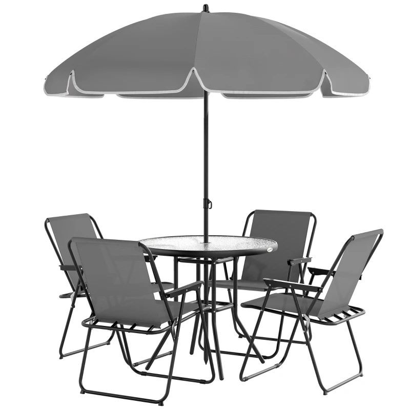 Outsunny 4 Seater Garden Furniture Set, 6 Pieces Garden Table and Chairs with Parasol, Outdoor Garden Dining Set with Folding Chairs and Round Glass Top Table for Patio, Grey