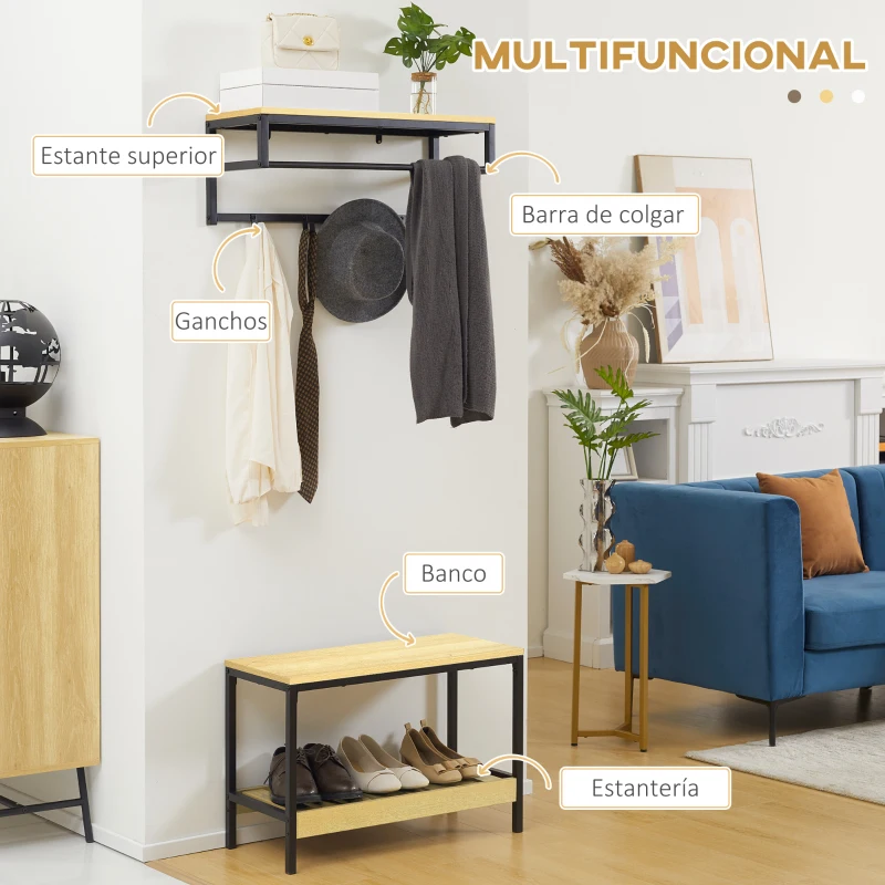 HOMCOM Recibidor Moderno con Perchero de Pared y Banco Zapatero Muebles de Entrada con 4 Ganchos 1 Barra y 1 Estante Roble
