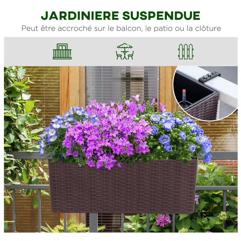 Outsunny Jardinière Suspendue pour Fleurs Plantes balconnière en résine tressée avec Supports réglables et système d'irrigation PP métal dim. 50L x 19l x 19H cm Marron et Noir