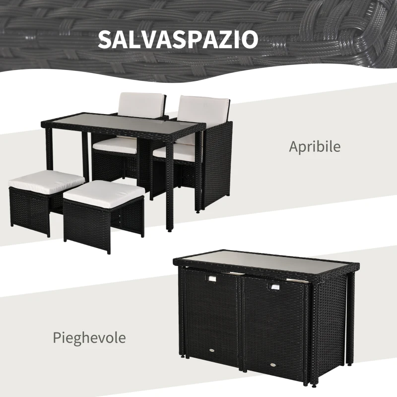 Outsunny Set Mobili da Giardino in Rattan 5 Pezzi Tavolo 2 Sedie 2 Poggiapiedi con Cuscini Combinabili a Rettangolo
