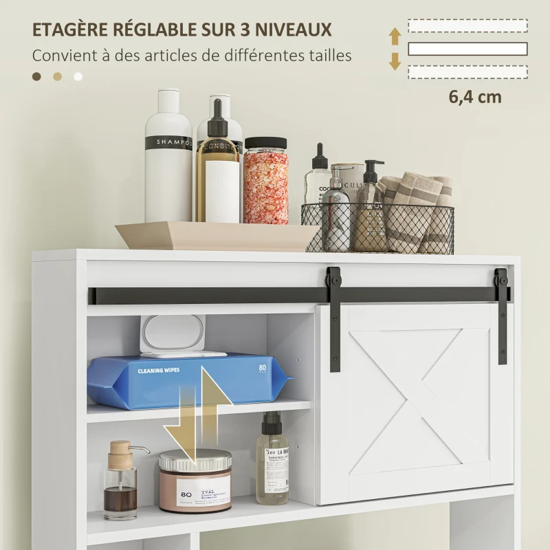 HOMCOM Meuble de rangement au-dessus des toilettes avec porte coulissante, Meuble étagère dessus WC, étagère réglable, blanc
