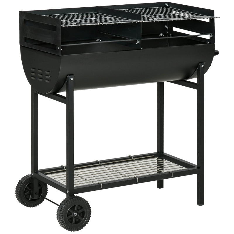 Outsunny Barbecue in Acciaio con 2 Griglie Indipendenti, 2 Ruote e Ripiano Inferiore | Nero | 90cm x 45cm x 96cm