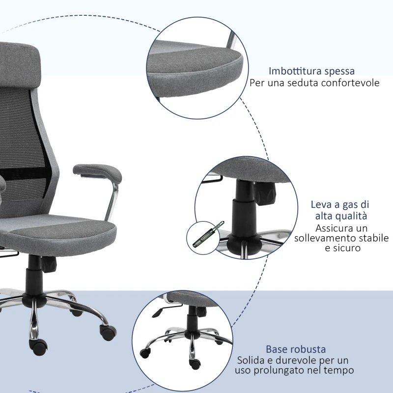Vinsetto Sedia da Ufficio Ergonomica Girevole, Altezza Regolabile e Dondolamento, Poltrona in Tessuto a Rete 65x67x119-129cm Grigio