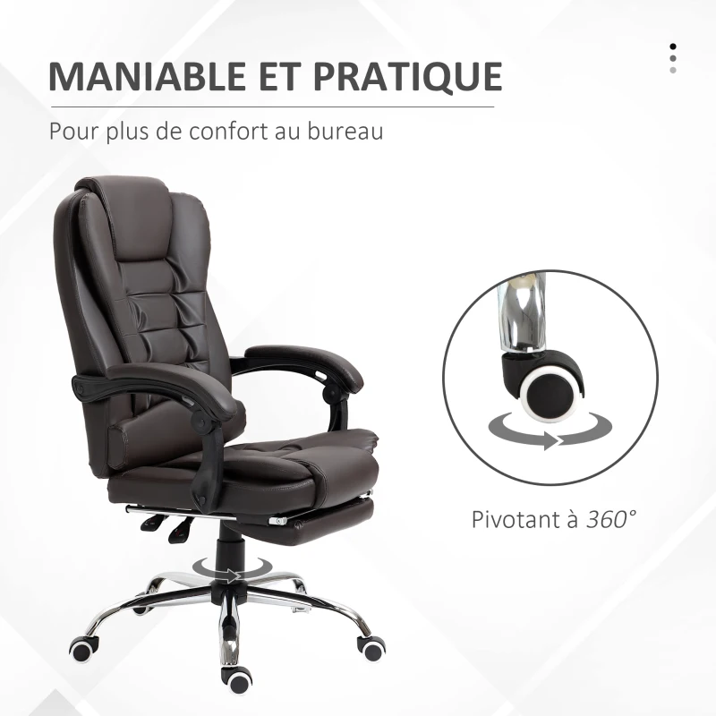 HOMCOM Fauteuil de bureau fauteuil manager grand confort dossier inclinable roulettes P.U 65 x 69 x 127 cm chocolat