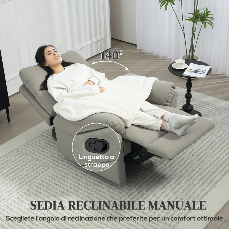 HOMCOM Poltrona Reclinabile 140° con Poggiapiedi, in Microfibra, Schiuma e Metallo, 84x91x102 cm, Grigio