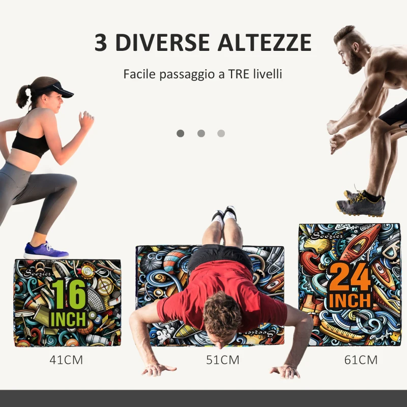 SPORTNOW Plyo Box 3 Altezze Jumping Box Antiscivolo per Casa e Palestra, 61x51x41 cm, Multicolore