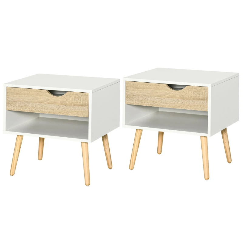 HOMCOM Bedside Table with Drawer and Shelf, Modern Nightstand, End Table for Bedroom, Living Room, Set of 2