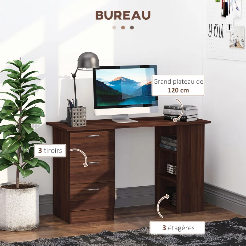 HOMCOM Bureau avec rangement, table informatique 120 x 50 cm, bureau d'ordinateur avec étagères et tiroirs, pour petits espaces, chambre à coucher, aspect noyer
