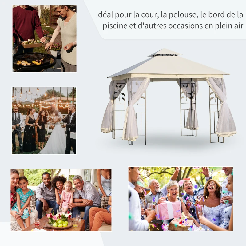 Outsunny Tonnelle barnum style colonial double toit toiles moustiquaires amovibles 3L x 3l x 2,8H m beige