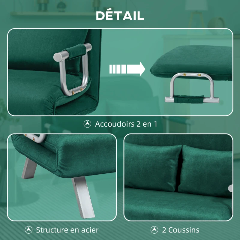 HOMCOM Canapé convertible 2 places canapé-lit 2 places avec dossier réglable et 2 coussins en revêtement aspect suède vert