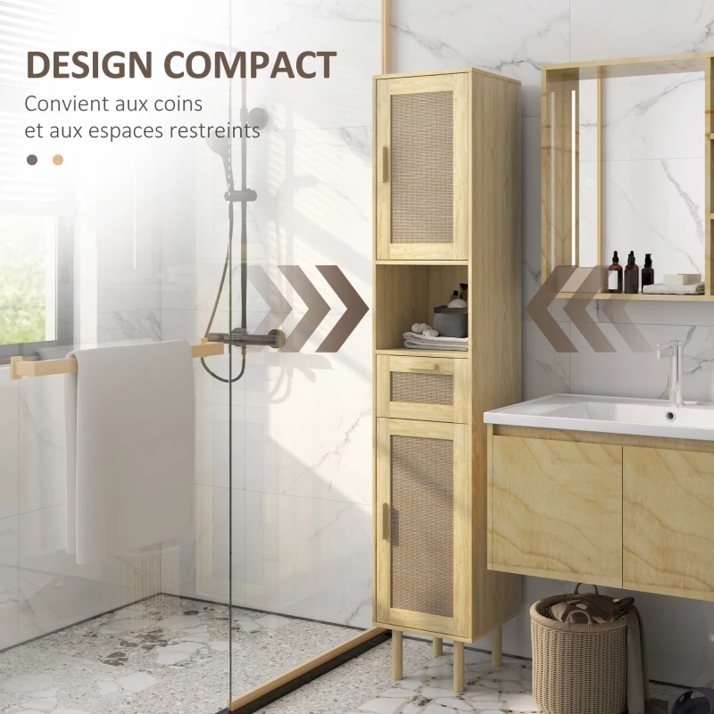 HOMCOM Meuble salle de bain colonne rangement salle de bain avec portes en rotin tiroir 2 placards 32 x 30 x 170 cm chêne