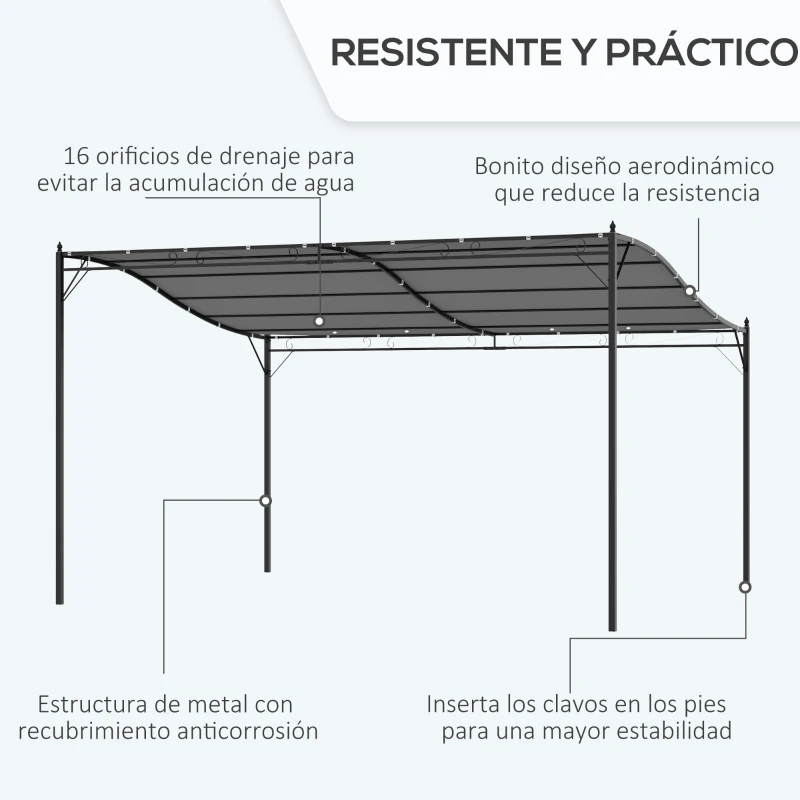Outsunny  Cenador de Jardín 4x3 m Pérgola Montado en Pared con Toldo y 16 Orificios de Drenaje Marco de Metal y Poliéster 180 g/m² para Patio Terraza Crema