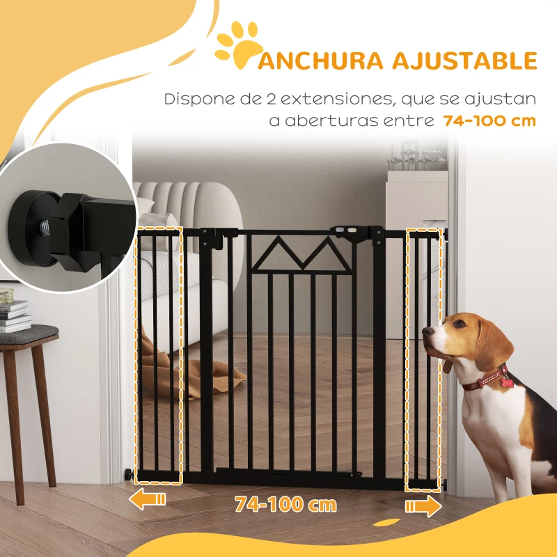 PawHut Barrera para Mascotas Extensible con Cierre Automático y Sistema de Doble Bloqueo 74-100x76 cm Negro