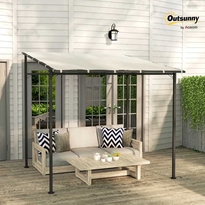 Outsunny 2.4 x 2.4 m Wall Mounted Pergola Gazebo with PA Coating Fabric and Metal Frame, UPF30+, Lean to Garden Gazebo, Wind Resistant Outdoor Sun Shade Shelter for Garden, Deck, Cream White