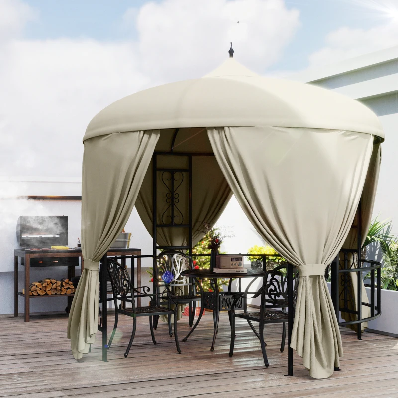 Outsunny Gazebo da Giardino Rotondo Ø3m con Tende e Prese d'Aria in Metallo e Poliestere, Beige
