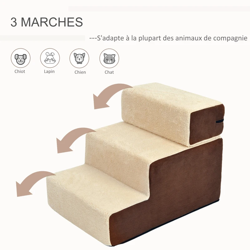 PawHut Escalier pour chien animaux rampe pour canapé 2/3 marches déhoussable dim. 54L x 40l x 39H cm mousse haute densité tissu peluche courte chocolat crème
