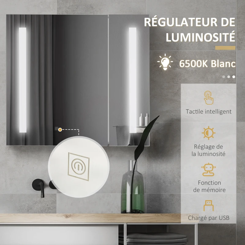 kleankin Armoire murale miroir lumineux LED salle de bain 2 portes avec 3 niveaux 70 x 15 x 65 cm blanc