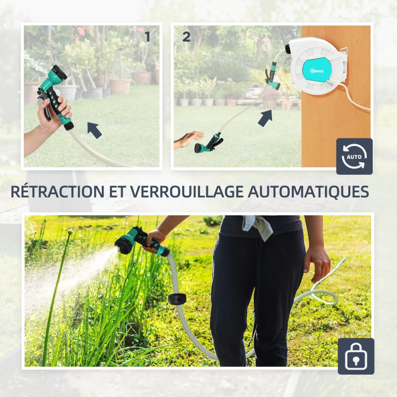 Outsunny Enrouleur tuyau arrosage dévidoir de tuyaux d'eau 25+2 m support mural + poignée pivotant à 180° 55 x 20 x 42 cm gris clair
