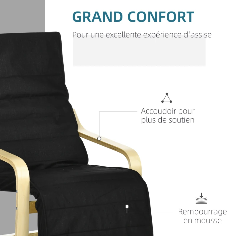 HOMCOM Fauteuil Relax Confort et Relaxation avec Repose-Pied réglable déhoussable 94 x 66,5 x 100 cm cm Bois Massif Noir