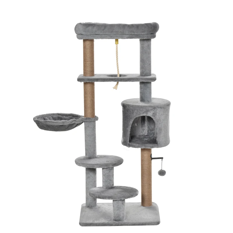 PawHut Árbol Rascador para Gatos Altura 120 cm Torre de Gatos con Plataformas Cueva Hamaca Postes de Yute 48x48x120 cm Gris