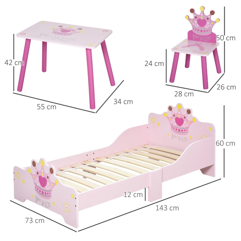 HOMCOM Lit Enfant et Ensemble table et chaises enfant - Design Princesse Motif Couronne - sommier à Lattes Inclus - Rose