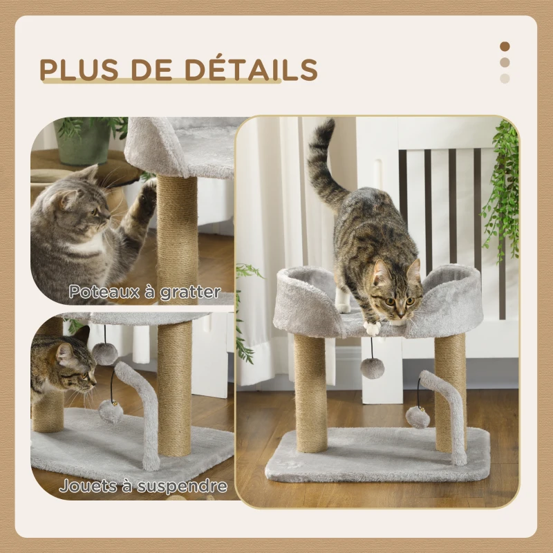 PawHut Arbre à chat grattoir design avec jeu 2 pompons suspendus 2 poteaux jute plateforme peluche jute 48 x 38 x 42 cm gris