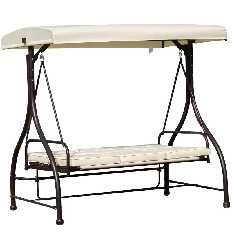 Outsunny Balancelle de Jardin 3 Places Convertible Inclinaison Toit réglable Matelas Grand Confort Rembourrage 8 cm fourni 1,95L x 1,17l x 1,75H m métal époxy Noir crème