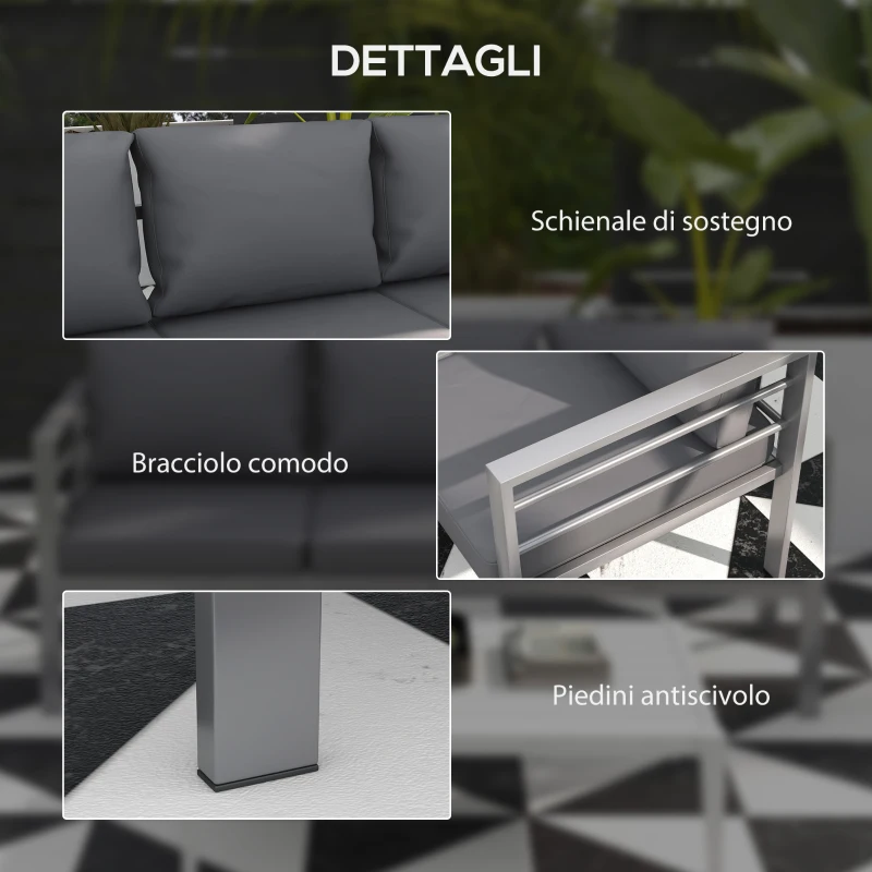 Outsunny Divano da Giardino 3 Posti con Cuscini per Seduta e Schienale, in Alluminio, 185x66x64 cm, Grigio