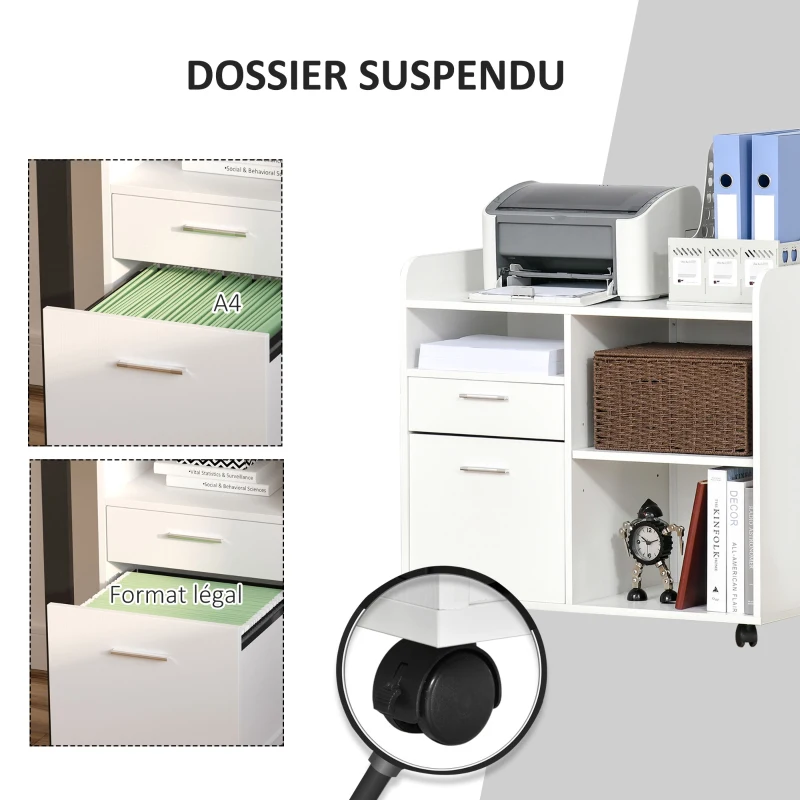 Vinsetto Support d'imprimante - Caisson d'organisation de Bureau Roulant - Dim. 80l x 40P x 72H cm en Bois Blanc