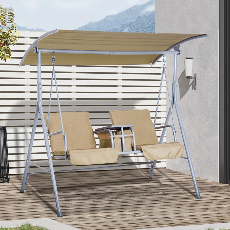 Outsunny Balancelle Design de Jardin 2 Places Inclinaison Toit réglable Tablette rétractable Rangement Acier Gris Clair Beige