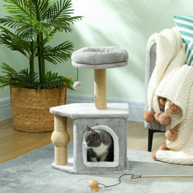 PawHut Arbre à chat tour de jeux pour chats, avec poteaux à griffer lit pour chat maison pour chat 42 x 30 x 66 cm gris clair