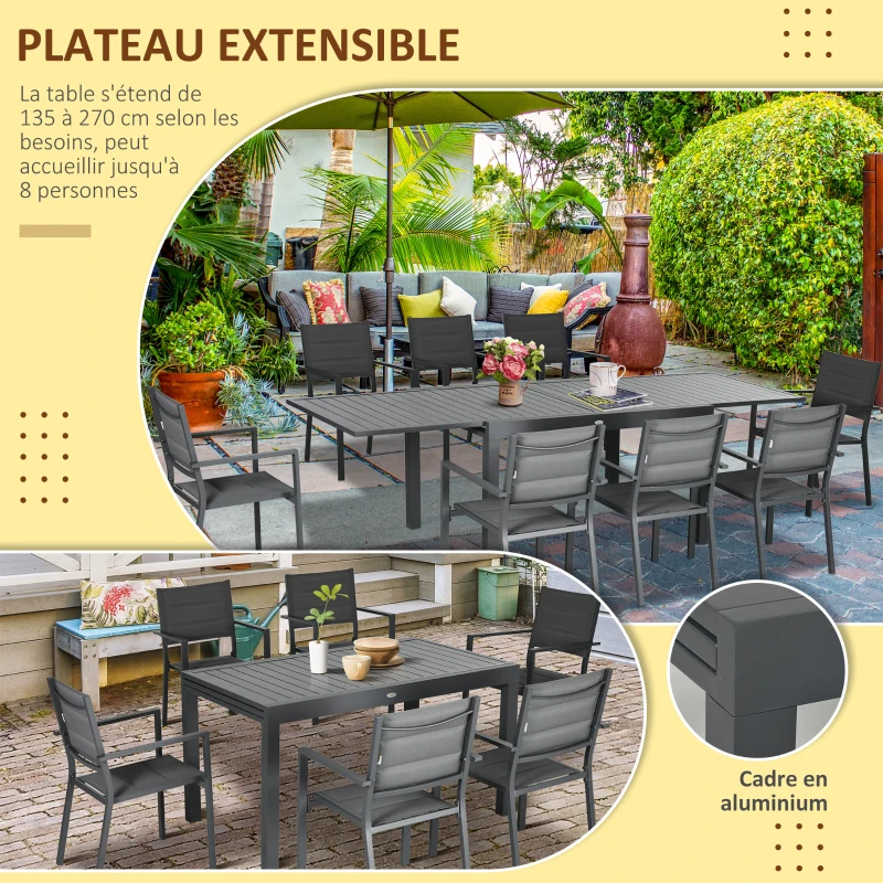 Outsunny Salon de jardin table extensible 135-270 cm en aluminium et textilène 6/10 personnes 8 chaises empilables gris