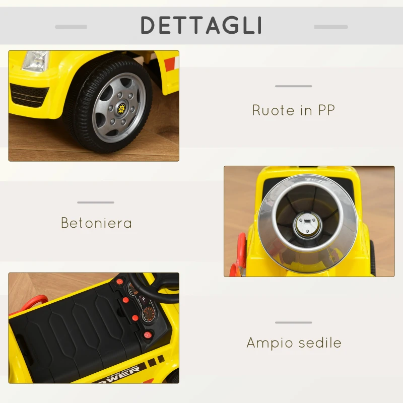 HOMCOM Macchina per Bambini Cavalcabile 2 in 1 con Betoniera, Luci e Suoni, Età 18-36 Mesi, 78x28.2x42cm, Giallo