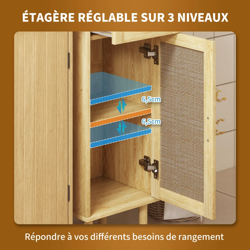 HOMCOM Meuble salle de bain rangement, meuble de rangement style bohème - tiroir et placard, étagères réglables, porte à rotin