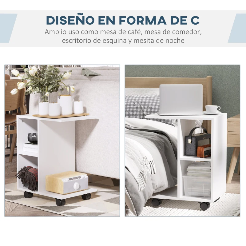 HOMCOM Mesita Auxiliar con Ruedas Mesa para Sofá en Forma de C con Estantes Abiertos para Salón 45x35x58 cm Blanco