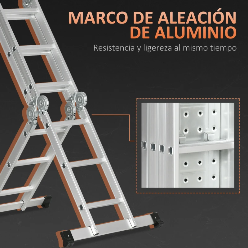 DURHAND Escalera Telescópica Plegable 5en1 Escalera Multifuncional de Aleación de Aluminio Carga 150kg 339x76x10cm Plata