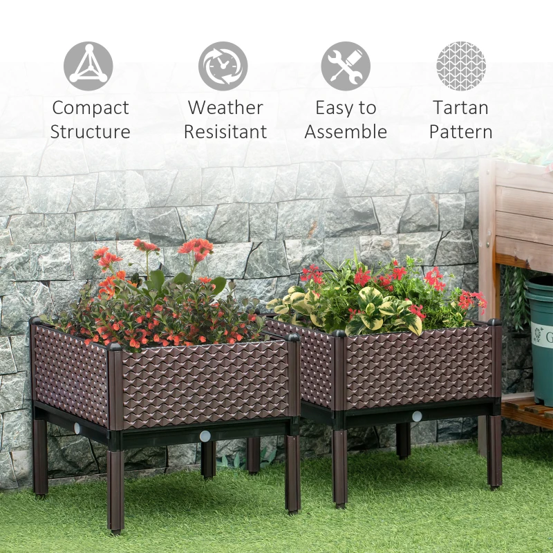 Outsunny Set of 2 Indoor/Outdoor Planter Boxes | Garden Raised Elevated Beds, Flowers Vegetables Fruits Herbs Container w/ Self-Watering Design Drainage Holes, Brown