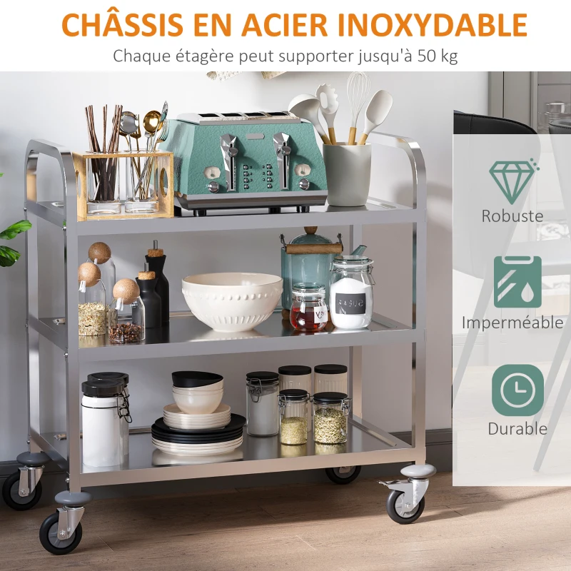 HOMCOM Desserte de cuisine à roulettes à 3 étagères, chariot de rangement en acier inox., chariot de cuisine et salle à manger, 90,5 x 50,5 x 88,2 cm, argenté