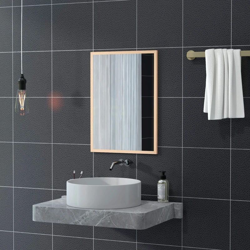 HOMCOM Miroir mural rectangulaire 50 x 70 cm, cadre en bois, idéal pour la salle de bain, salon ou chambre, naturel