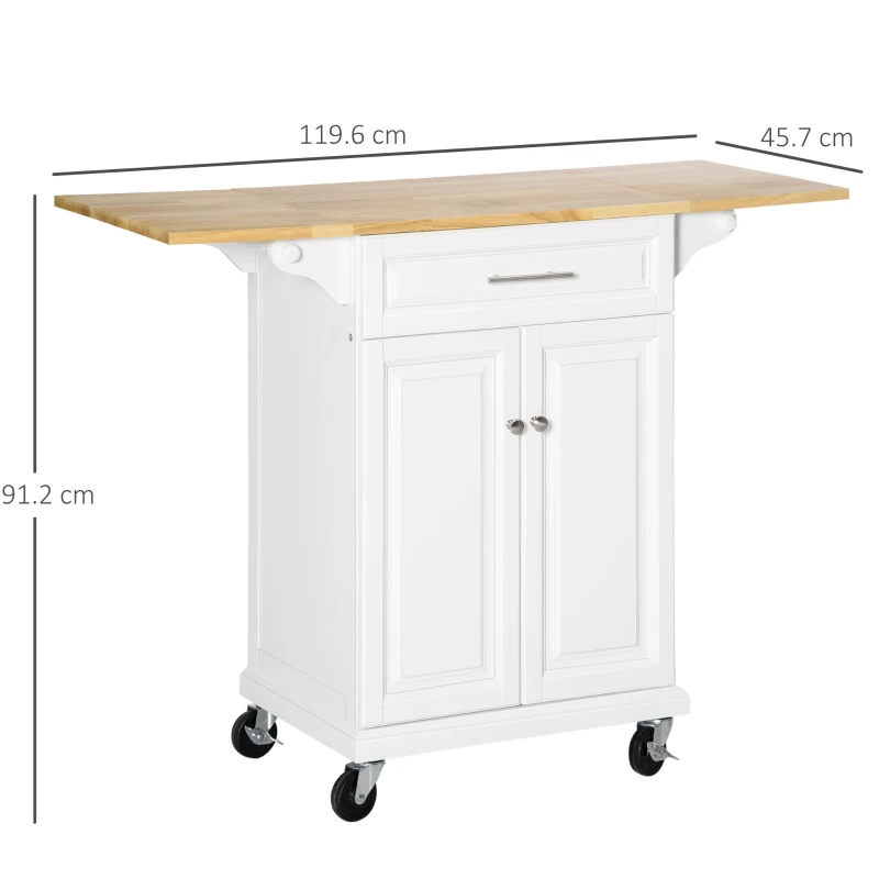 HOMCOM Carrello da Cucina Espandibile in Legno Bianco Cassetto, Armadietto, Portasciugamani e 4 Ruote 119.6x45.7x91.2cm