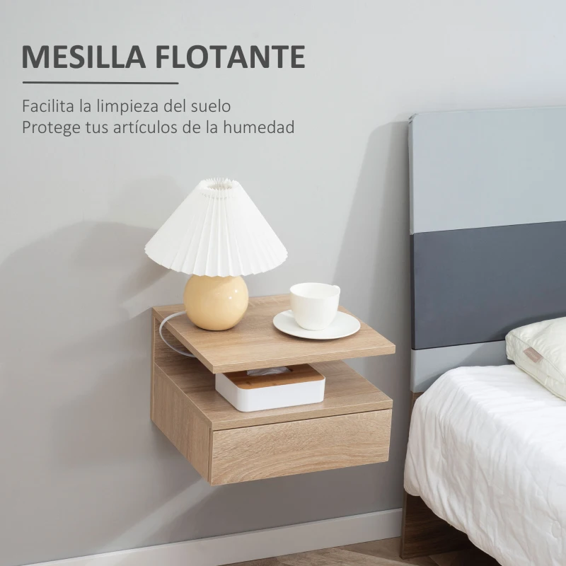 HOMCOM Set de 2 Mesitas de Noche Flotantes con 1 Cajón y Estante Abierto Diseño Moderno Montado en la Pared 35x32x22,5 cm Roble