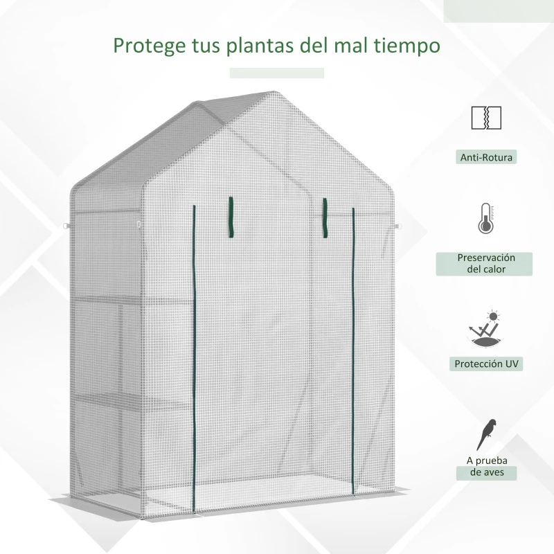 Outsunny Invernadero de Exterior Invernadero Pequeño con 2 Estantes Puerta Enrollable con Cremallera Marco de Acero y Cubierta de PE 140g/㎡ para Cultivos Plantas Flores 143x73x195 cm Blanco