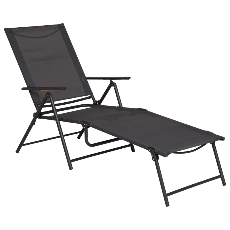 Outsunny Bain de Soleil Pliable transat inclinable 5 Positions Chaise Longue Grand Confort avec accoudoirs dim. 187,2L x 64,5l x 101H cm métal époxy textilène Gris