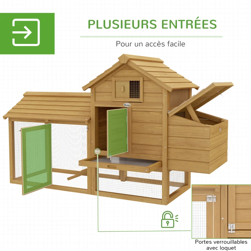 PawHut Petit poulailler cottage cage à poules sur pied dim. 151L x 54l x 87H cm multi-équipement bois massif de sapin